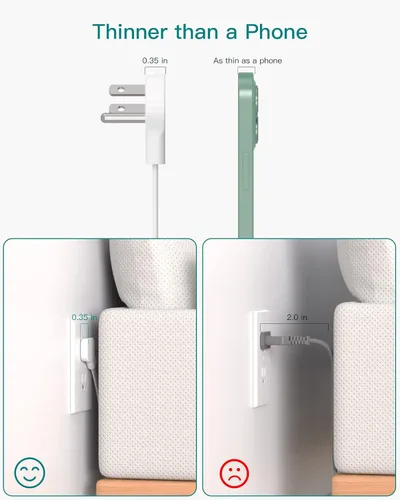 Miniatura 2 de ADDTAM - Tira de alimentación de enchufe plano, cable de extensión plano ultradelgado - ADDTAM 12 enchufes AC de lados 3 múltiples, 5 pies, Blanco