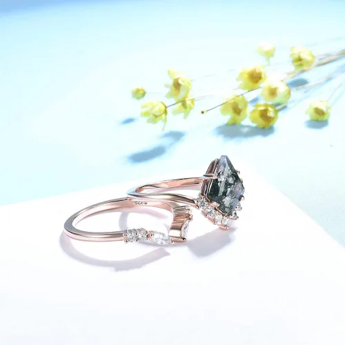 Miniatura 4 de Anillo de plata de ley 925 con piedra preciosa de musgo natural para mujer, corte de cometa, juego de anillos de compromiso de plata 925, Plata