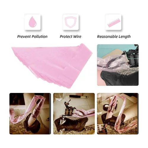 Miniatura 4 de ATOMUS 100 fundas de cordón con clip de tatuaje con 2 piezas de vendaje autoadhesivo, bolsas de plástico desechables, bolsa para bolígrafo de Rosado