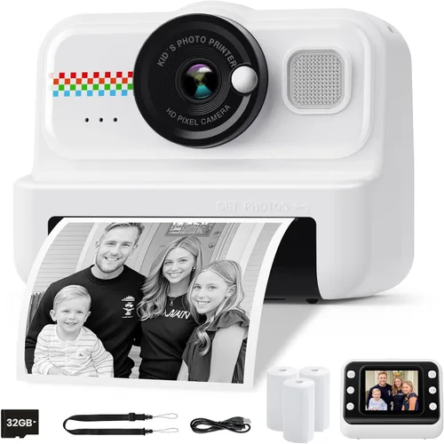 Cámara de Impresión Instantánea HiMont para Niños, Cámara Digital HD 1080P para Niños con 3 Rollos de Papel de Impresión y Tarjeta de 32GB, Juguetes
