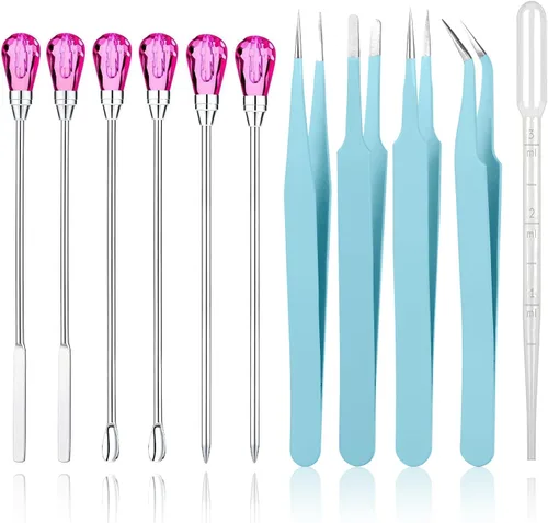Miniatura 12 de MSDADA Juego de 11 herramientas de molde de resina de silicona, aguja para agitar, cuchara, herramientas de pinzas, kit de precisión, pinzas