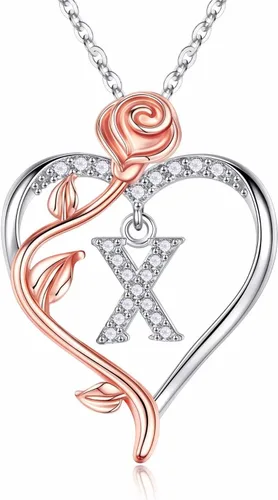 Iefil - Collares con diseño de corazón y rosa para mujer, plata de ley 925 con inicial de corazón, regalo de cumpleaños y aniversario para mujeres,