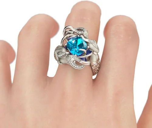 Miniatura 4 de Jeulia Anillo de sirena de plata de ley con diamantes de imitación de corte redondo y diseño de cuento de hadas, elegante anillo de compromiso