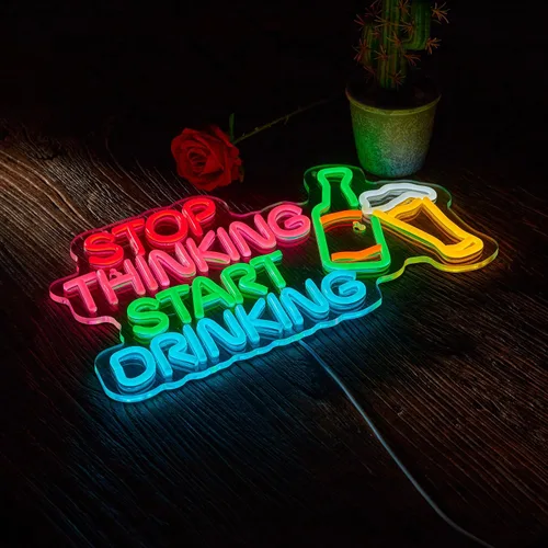 Miniatura 6 de Letrero de neón "Dejar de pensar, empezar a beber" para barra, señal de pared con interruptor regulable para pub de cerveza, letreros de neón LED