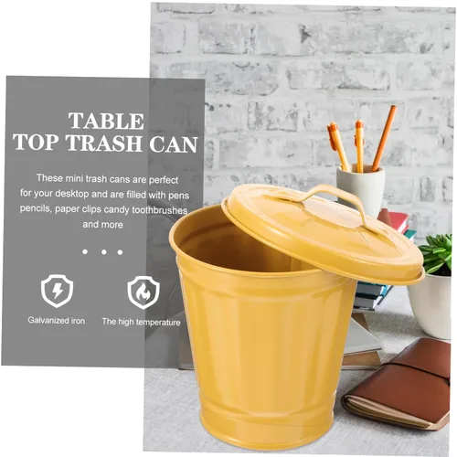 Miniatura 2 de Mini cubo de basura con tapa de hierro galvanizado, papelera de escritorio resistente para cocina y oficina