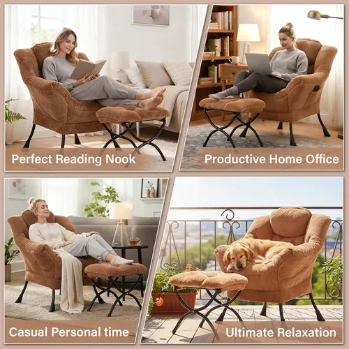 Miniatura 6 de Silla perezosa acogedora y otomana, juego grande de silla de descanso contemporánea, sillón tapizado de ocio para lectura para dormitorio, sala