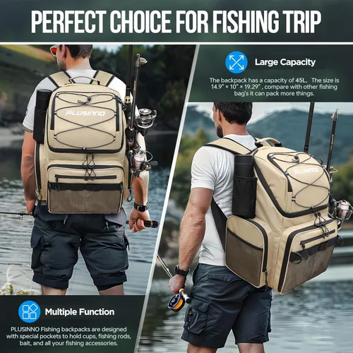 Miniatura 7 de PLUSINNO - Mochila de pesca con portacañas y enfriador de 45L, mochila grande resistente al agua para aparejos de pesca, ideal para guardar