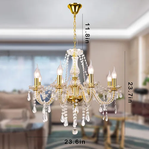 Miniatura 3 de Candelabro de cristal de lujo de color dorado, 8 luces K9, moderno candelabro de cristal para comedor, lámpara colgante de techo de vidrio para sala