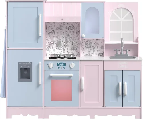Miniatura 9 de BRINJOY Juego de cocina para niños, juego de cocina de madera para niños con grifo, fregadero, estufa, horno, ventana, utensilios de cocina, Rosa