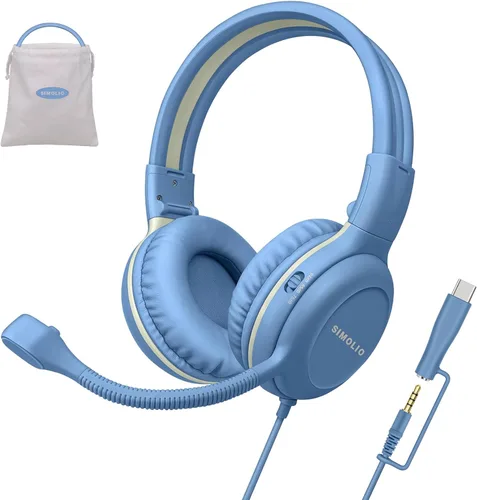Miniatura 9 de SIMOLIO Audífonos para niños con micrófono para la escuela, auriculares con cable de 75/85/94 dB con micrófono retráctil para iPad, PC, laptop