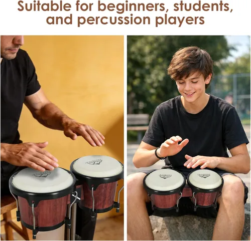 Miniatura 7 de EASTROCK Juego de tambor Bongo de 6 y 7 pulgadas para principiantes, estudiantes, adultos, profesionales, cabezas de piel de animales naturales, Rojo