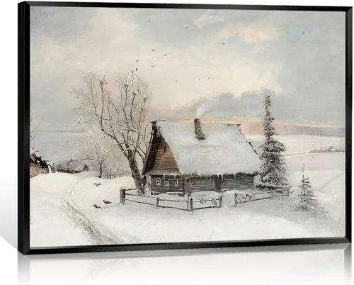 Miniatura 10 de Huabsad Lienzo vintage de Navidad con diseño de casa de campo, arte de pared, estilo retro, nieve, invierno, pueblo, paisaje, famoso, pintura al