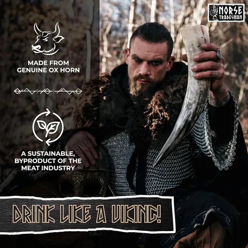 Miniatura 5 de Norse Tradesman Cuerno vikingo de cuerno de buey genuino de 12 pulgadas con exquisito lobo grabado a mano y nudo celta, funda de cinturón de cuero