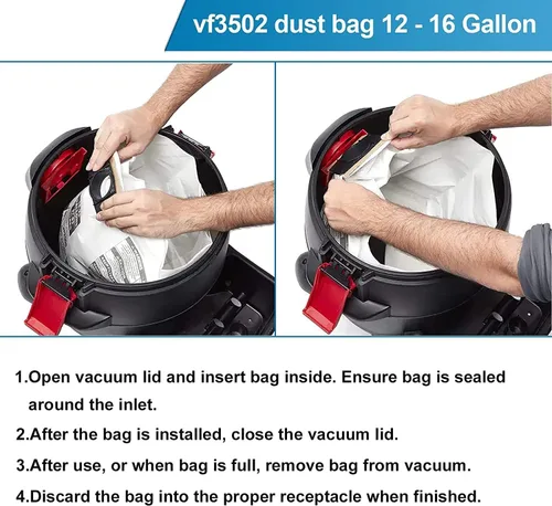 Miniatura 3 de Paquete de 12 bolsas para aspiradora VF3502, compatibles con Ridgid & Craftsman Vacuum de 12 a 16 galones, bolsas de repuesto para aspiradoras