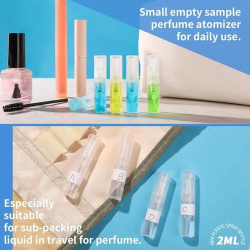 Miniatura 6 de Fandamei Mini botella de spray, 60 botellas de plástico transparente de 2ml (0.068 fl oz) vacías, mini botella de perfume recargable de niebla fina.