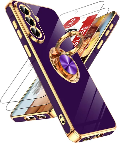 Miniatura 139 de LeYi Funda para Samsung Galaxy S22 Ultra con soporte de anillo giratorio de 360°, soporte magnético, chapado en oro rosa, borde protector para Negro