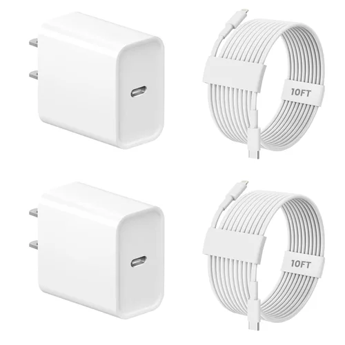Cargador para iPhone de carga rápida, paquete de 2 bloques de adaptador de cargador de pared USB C de 3 metros con cable USB C a Lightning de carga