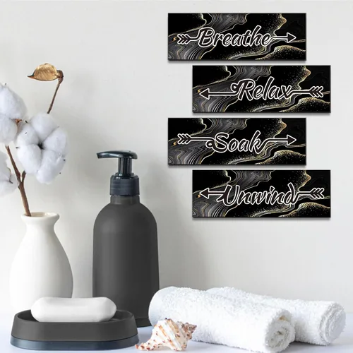 Miniatura 3 de Lnond 4 piezas de arte de pared de mármol negro y dorado para baño, decoración de letreros de relajación y respiración, arte de pared de baño