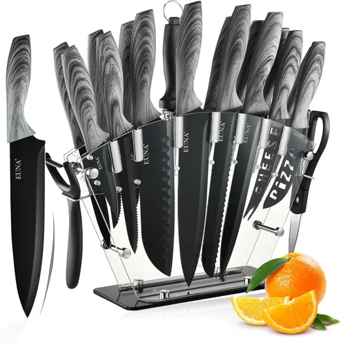 Juego de bloque con cuchillos EUNA, juego de 19 cuchillos de cocina con bloque acrílico y afilador, juego de cuchillos de acero inoxidable de alto