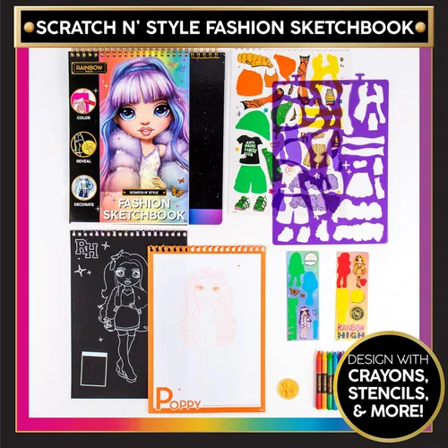 Miniatura 2 de Horizon Group USA 210933 - Cuaderno de bocetos de moda Rainbow High Scratch 'n Style, arte para rascar, libro para colorear, incluye plantillas