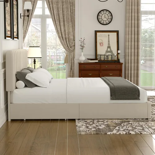 Miniatura 6 de VECELO Base de cama tapizada de tamaño matrimonial con 4 cajones y cabecero, plataforma de terciopelo, soporte de listones de madera, no necesita