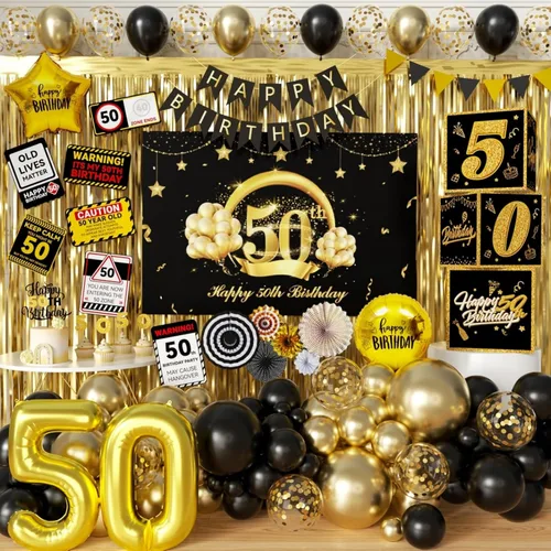 Decoraciones de fiesta de cumpleaños 50 a 50 años, suministros de fiesta para hombres con kit de guirnalda de globos, telón de fondo de cumpleaños