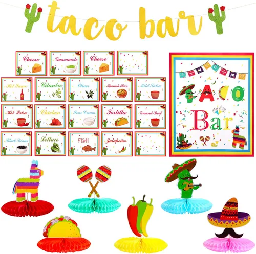Boao Kit de decoración de barra de tacos de 28 piezas, cartel de taco para bar, decoración de fiesta temática mexicana, 20 piezas coloridas tarjetas
