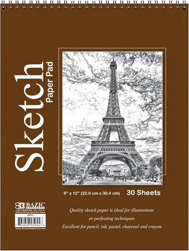 BAZIC Products Bloc de bocetos de 30 hojas de 9 x 12 pulgadas, cuaderno de bocetos en espiral encuadernado en la parte superior, libro de dibujo 30
