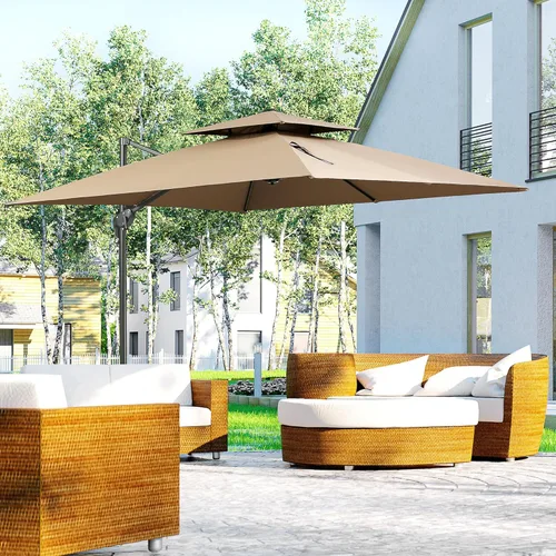 Miniatura 2 de Outsunny Sombrilla de patio de 10 pies con base, sombrilla voladiza de aluminio colgante de doble parte superior con rotación de 360 grados, fácil