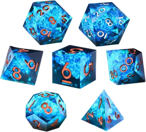 Miniatura 5 de Juego de dados DND de borde afilado de 8 piezas (extra D20) para Calabozos y Dragones – 2 D20 D4 D6 D8 D10 D12 D10% – Dados de resina poliédrica