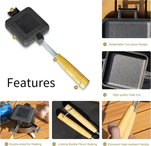 Miniatura 3 de MiniSnack - Prensa para hacer pasteles de hierro fundido para acampar y estufa, mini sartén doble para carne y más con bolsa de almacenamiento