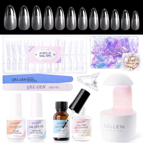 Gellen kit de extensión de uñas en gel, kit de uñas en gel con 240 puntas de almendra, pegamento UV 3 en 1 para puntas de uñas, dehidratador y