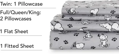 Miniatura 7 de Berkshire Blanket Peanuts - Juego de sábanas para niños, tamaño individual, 3 piezas, Peanuts Mini Poses and Paws Grey, lindo personaje Snoopy Maní