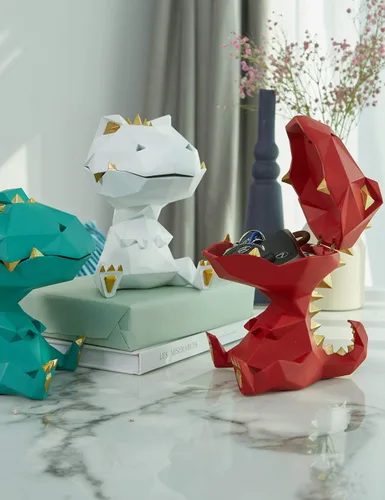 Miniatura 10 de HAUCOZE Estatua de dinosaurio plato para caramelos, cuenco para llaves, regalos de dinosaurio, escultura moderna, accesorios de decoración del Verde
