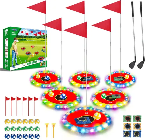 TERRAMUS Juego de golf y lanzamiento que brilla en la oscuridad, juego de objetivos LED 2 en 1 con 2 palos, 18 bolas, 6 bolsas de frijoles, juguete