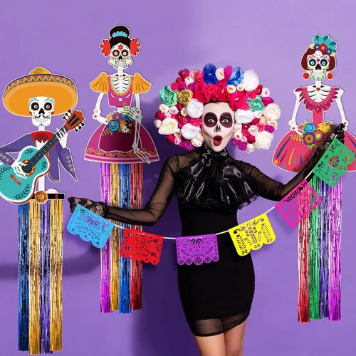 Miniatura 5 de TaoBary Juego de 15 decoraciones del Día de los Muertos de 34 pulgadas, decoración colgante de calavera de azúcar de 16.4 pies, pancartas de papel