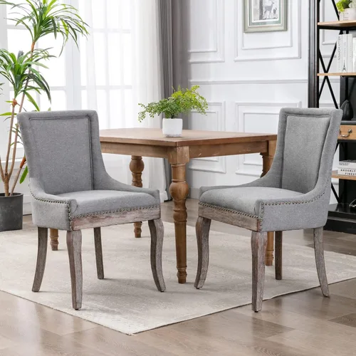 Miniatura 7 de Sillas de Comedor - Juego de 6 sillas de comedor modernas, tapizadas de tela con respaldo alto con ribete de cabeza de clavo y patas curvas