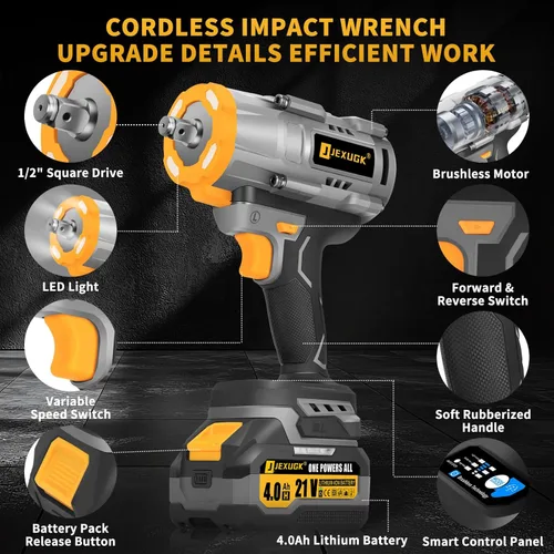 Miniatura 7 de JEXUGK Llave de impacto inalámbrica de 1600 Nm, pistola de impacto de 21 V 1/2 pulgada y 1180 pies-libras con 2 baterías de 4.0 Ah, Pistola De