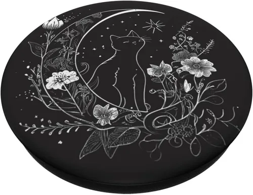 Miniatura 2 de Cat Sitting On Crescent Moon Flowers Stars Drawing PopSockets intercambiables PopGrip