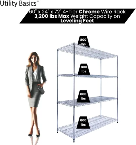 Miniatura 3 de NSF - Estantería comercial de alambre de 4 niveles con ruedas, estantes de metal resistente de 60 x 24 x 72 pulgadas, capacidad máxima de 3200 Negro