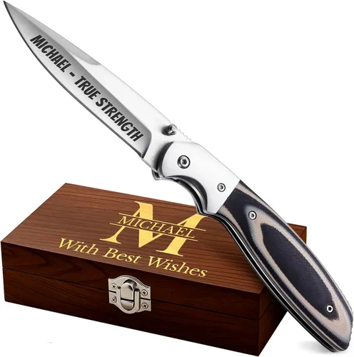 Miniatura 11 de Cuchillo de bolsillo pequeño para hombres – Cuchillo de llavero de 5.7 pulgadas con abridor de botellas – Cortador de cajas – Mango de madera