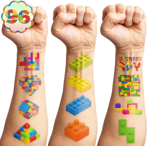 Miniatura 6 de 96 tatuajes temporales precortados de bloques de construcción, bonitos recuerdos de fiesta para niños, niños y niñas, suministros para fiestas