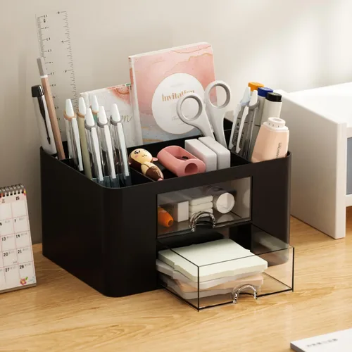 Miniatura 5 de Organizador de escritorio Vimbo de 7 rejillas con cajón – Organizador de mesa multifuncional de plástico y soporte para bolígrafos para la escuela