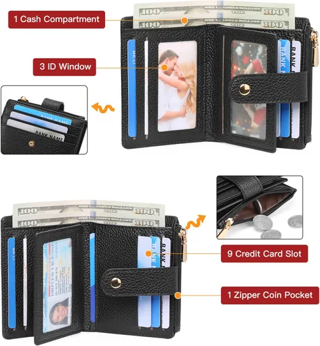 Miniatura 5 de GOIACII - Cartera pequeña para mujer de cuero genuino con bloqueo RFID, bolsillo con cremallera, plegable, tarjetero con ventana