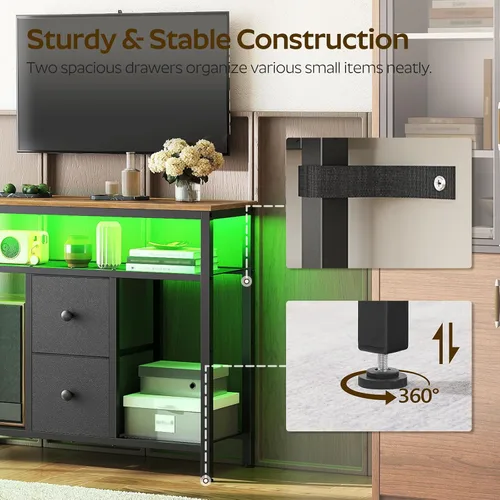 Miniatura 5 de YATINEY Soporte de TV con luces LED, soporte de TV para aparador, centro de entretenimiento alto con 2 cajones de tela, mesa consola multimedia