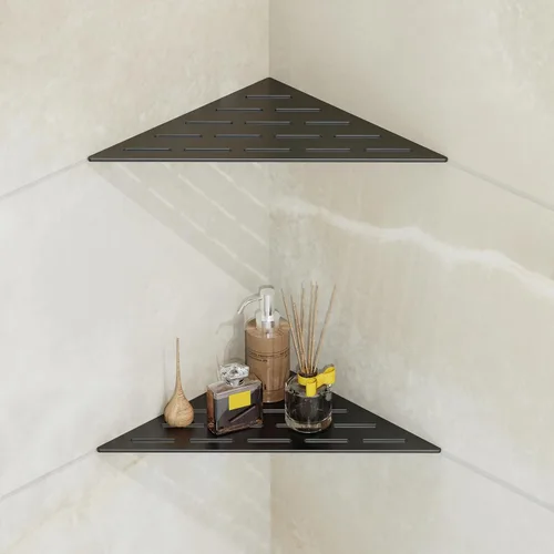 Estante de ducha esquinero, almacenamiento incorporado en baño para paredes de azulejos de 90°, acero inoxidable 304 negro mate, juego de 2