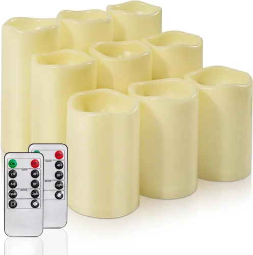 Homemory paquete de 9 velas sin llama, impermeables para exteriores, velas LED acrílicas que funcionan con pilas, con control remoto y temporizador,