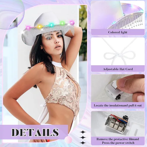 Miniatura 3 de Sombrero de vaquera con diamantes de imitación, sombrero de vaquero con flecos, sombrero occidental con purpurina para hombres y mujeres, disfraz