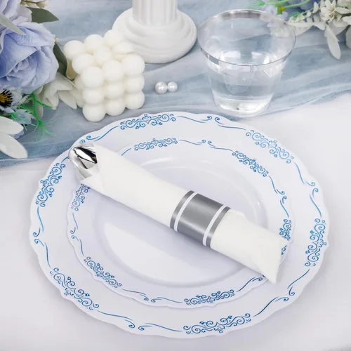 Miniatura 9 de DaYammi 350 piezas de platos de plástico azules y blancos desechables para fiestas, incluyen 50 platos de cena, 50 platos de postre, 50 servilletas