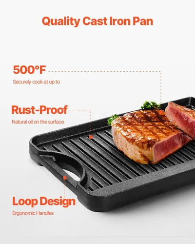 Miniatura 5 de VEVOR Parrilla/plancha reversible, plancha de hierro fundido pre-sazonada de 14 x 8.5 pulgadas, sartén rectangular portátil con asa, utensilios